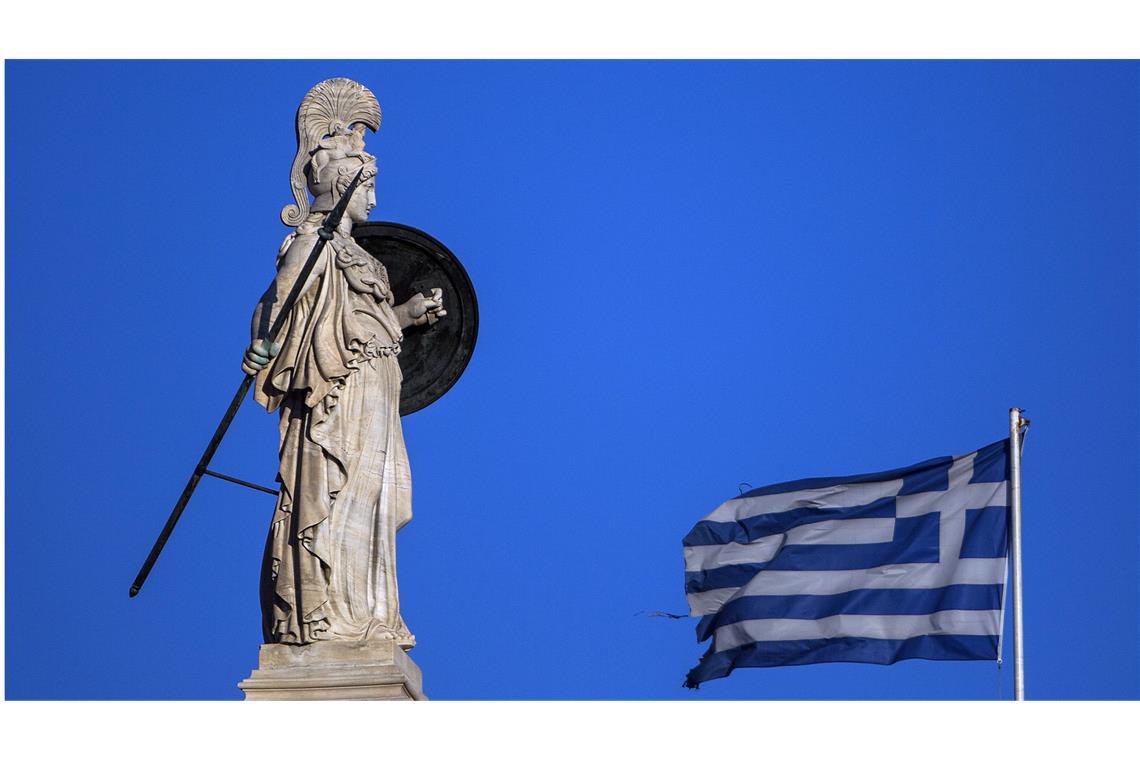 Aufschwung ohne Gewinner Pallas Athene, Göttin der Weisheit, neben einer griechischen Flagge.