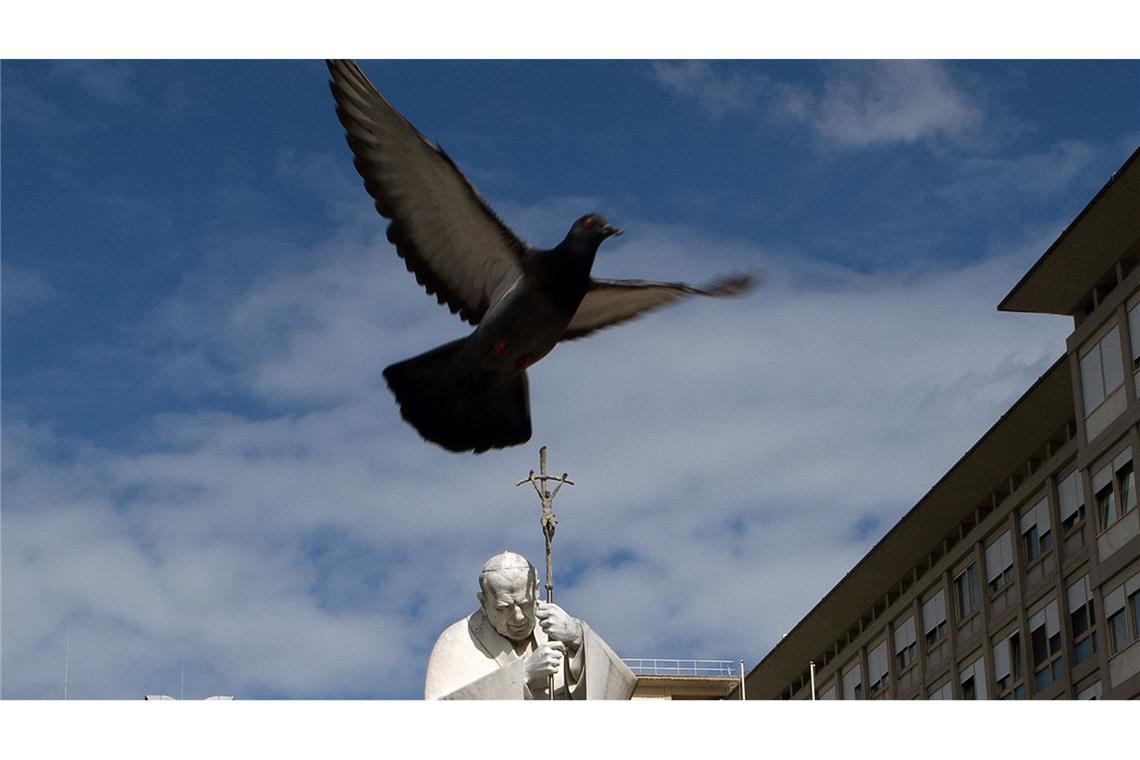 Bilder des Tages Papst Franziskus im Krankenhaus: Eine Taube fliegt vor der Statue von Johannes Paul II. vor der Poliklinik Agostino Gemelli.