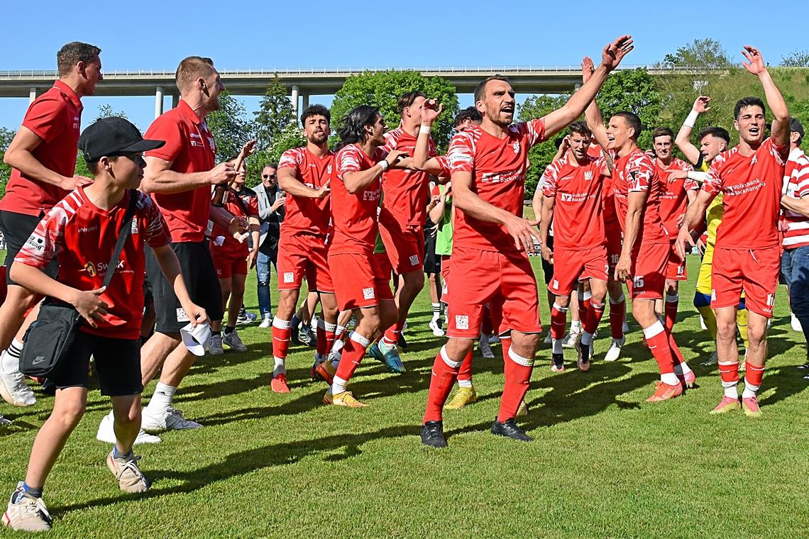 Die TSG Backnang jubelt: Abstiegsfinale gewonnen, Nichtabstieg geschafft Partystimmung unter dem Murrtal-Viadukt. Mit einem 3:1 im Abstiegsfinale gegen Rielasingen-Arlen sicherten sich die Fußballer der TSG Backnang den Oberliga-Verbleib. Foto: Tobias Sellmaier