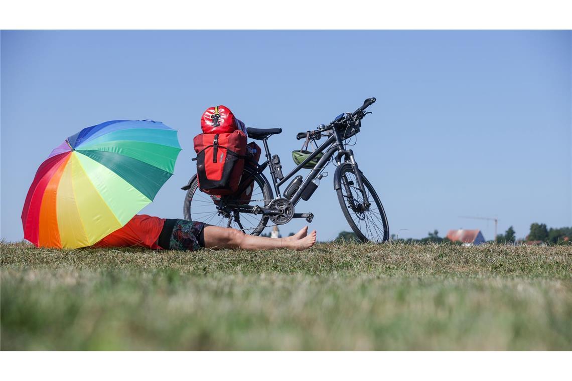 Bilder des Tages Pause am Wegesrand: Eine Radfahrerin liegt neben dem Donau-Radwanderweg auf einer Wiese unter einem Sonnenschirm.