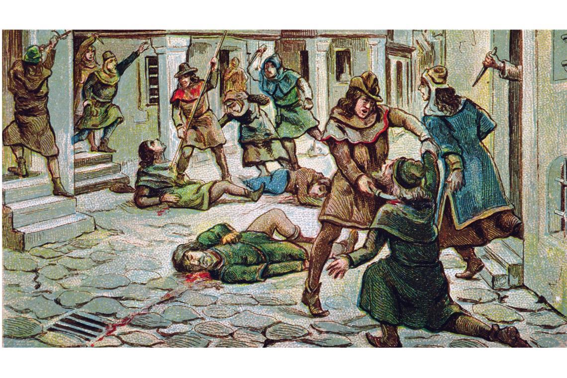 So sieht ein interaktiver Mord-Atlas aus England aus Pogrome, Morde und Totschlag waren in vielen mittelalterlichen Städten an der Tagesordnung. Die Universitätsstadt Oxford sticht dabei besonders negativ hervor (Zeichnung von circa 1920).