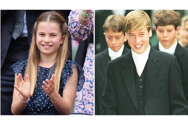 Prinzessin Charlotte im vergangenen Jahr in Wimbledon – und ihr Vater, Prinz William, an seinem ersten Schultag in Eton im Jahr 1995.