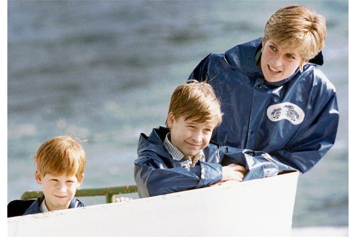 Prinzessin Diana besichtigt im Oktober 1991 mit ihren Söhnen Prinz William (M) und Prinz Harry die Niagara Fälle (USA).