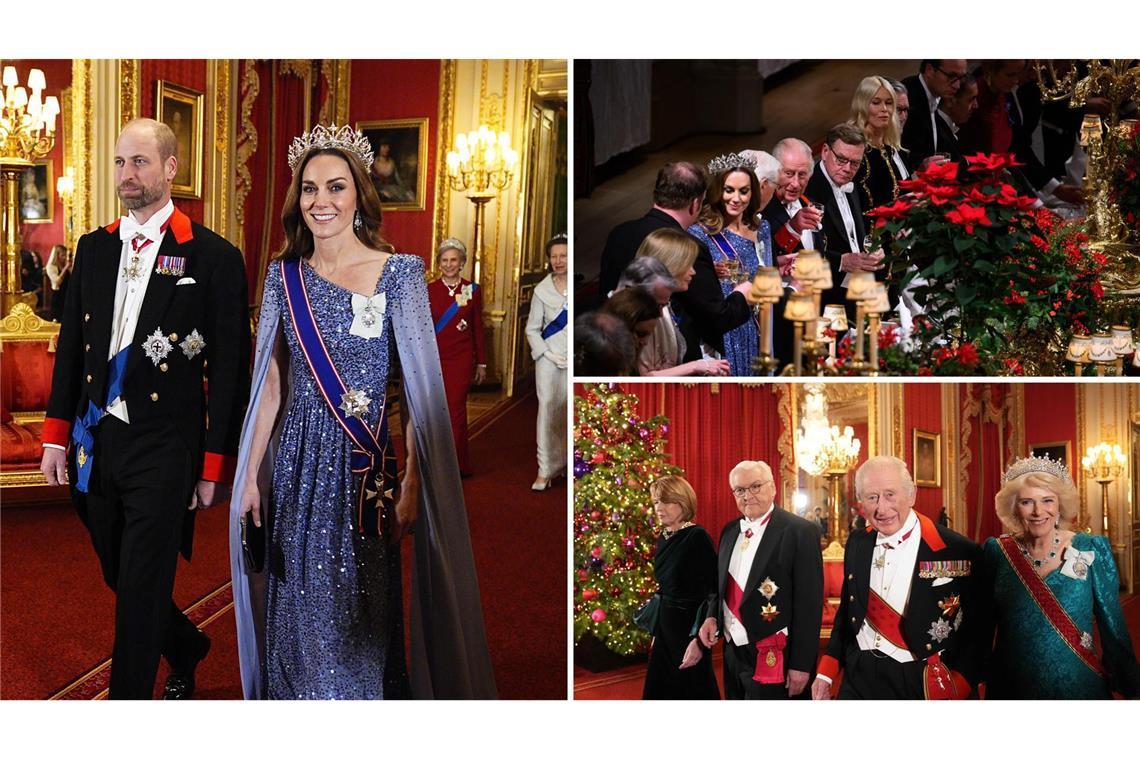 Prinzessin Kate und Prinz William auf dem Weg in den St. George-Saal (links), die festliche Tafel (oben) und Elke Büdenbender, Frank-Walter Steinmeier, König Charles III. und Königin Camilla.