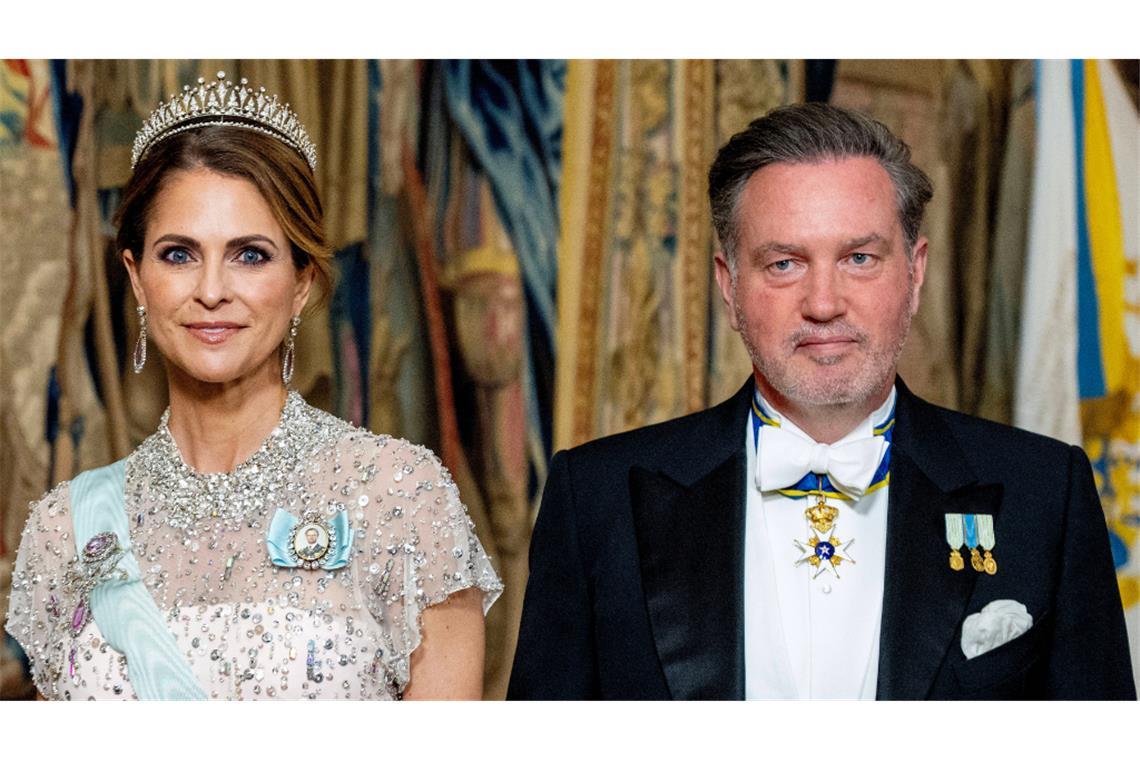 Prinzessin Madeleine und Chris O’Neill bei ihrer Ankunft zum Galadinner im Königspalast anlässlich der Feierlichkeiten zum 80. Geburtstag von König Carl Gustaf in Stockholm im April 2026.
