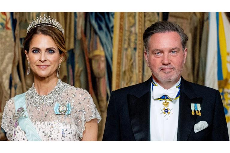 Prinzessin Madeleine und Chris O’Neill bei ihrer Ankunft zum Galadinner im Königspalast anlässlich der Feierlichkeiten zum 80. Geburtstag von König Carl Gustaf in Stockholm im April 2026.