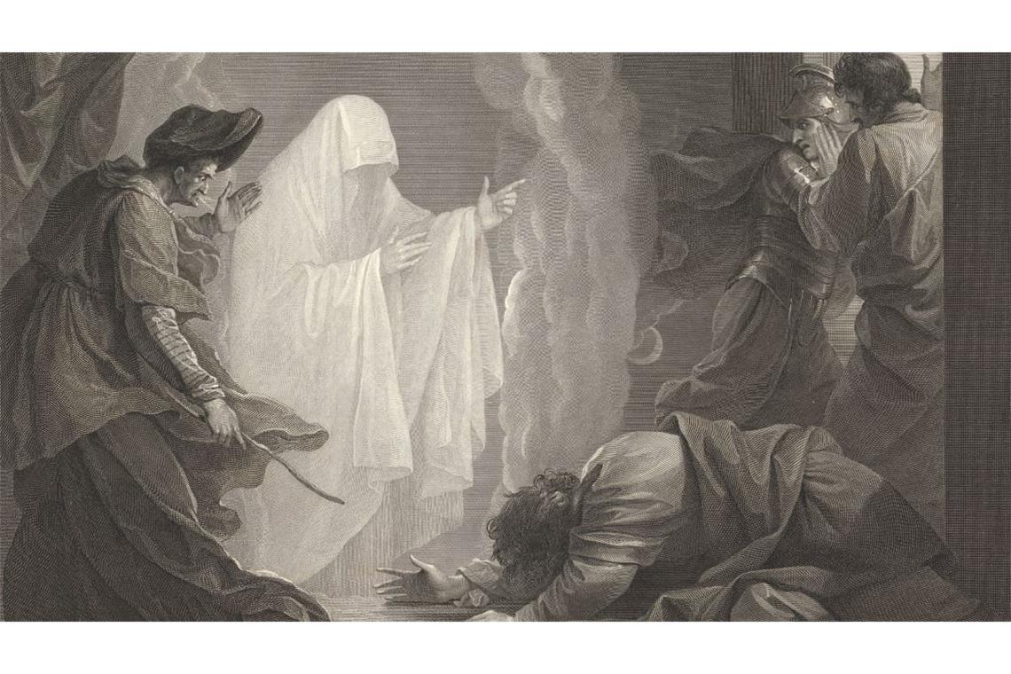 PSI-Phäonmen: Die Hexe von Endor, die Totenbeschwörerin oder Hexe von Endor ist eine Figur im 1. Buch Samuel der Bibel, Historisch, digital restaurierte Reproduktion von einer Vorlage aus dem 18. oder 19. Jahrhundert.