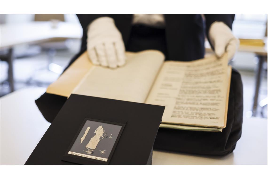 Fragment des Teppichs von Bayeux präsentiert Rainer Hering, Leiter des Landesarchivs Schleswig-Holstein, präsentiert ein Fragment des Teppichs von Bayeux und zugehörige Akten. Die Fundstücke waren im Nachlass des schleswig-holsteinischen Textilarchäologen Karl Schlabow (1891-1984) aufgetaucht.