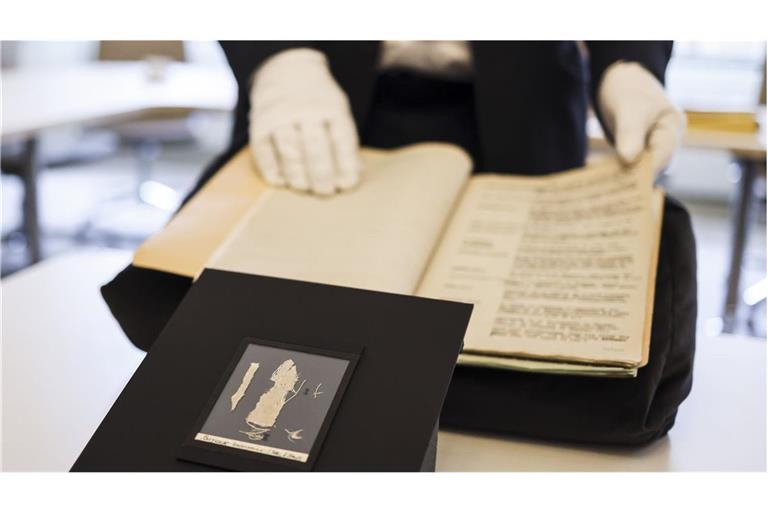 Rainer Hering, Leiter des Landesarchivs Schleswig-Holstein, präsentiert ein Fragment des Teppichs von Bayeux und zugehörige Akten. Die Fundstücke waren im Nachlass des schleswig-holsteinischen Textilarchäologen Karl Schlabow (1891-1984) aufgetaucht.