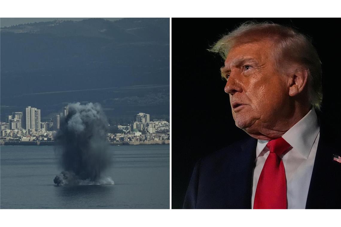 Rechts Explodiert ein ankommendes Geschoss in der Bucht von Haifa. Links spricht Donald Trump spricht zu Reportern.