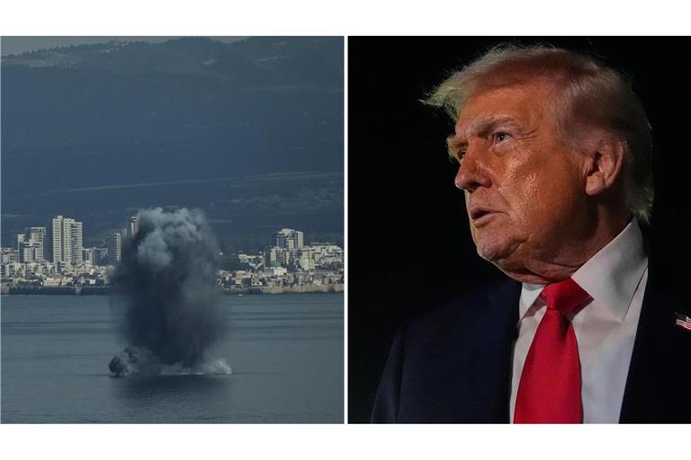 Rechts Explodiert ein ankommendes Geschoss in der Bucht von Haifa. Links spricht Donald Trump spricht zu Reportern.