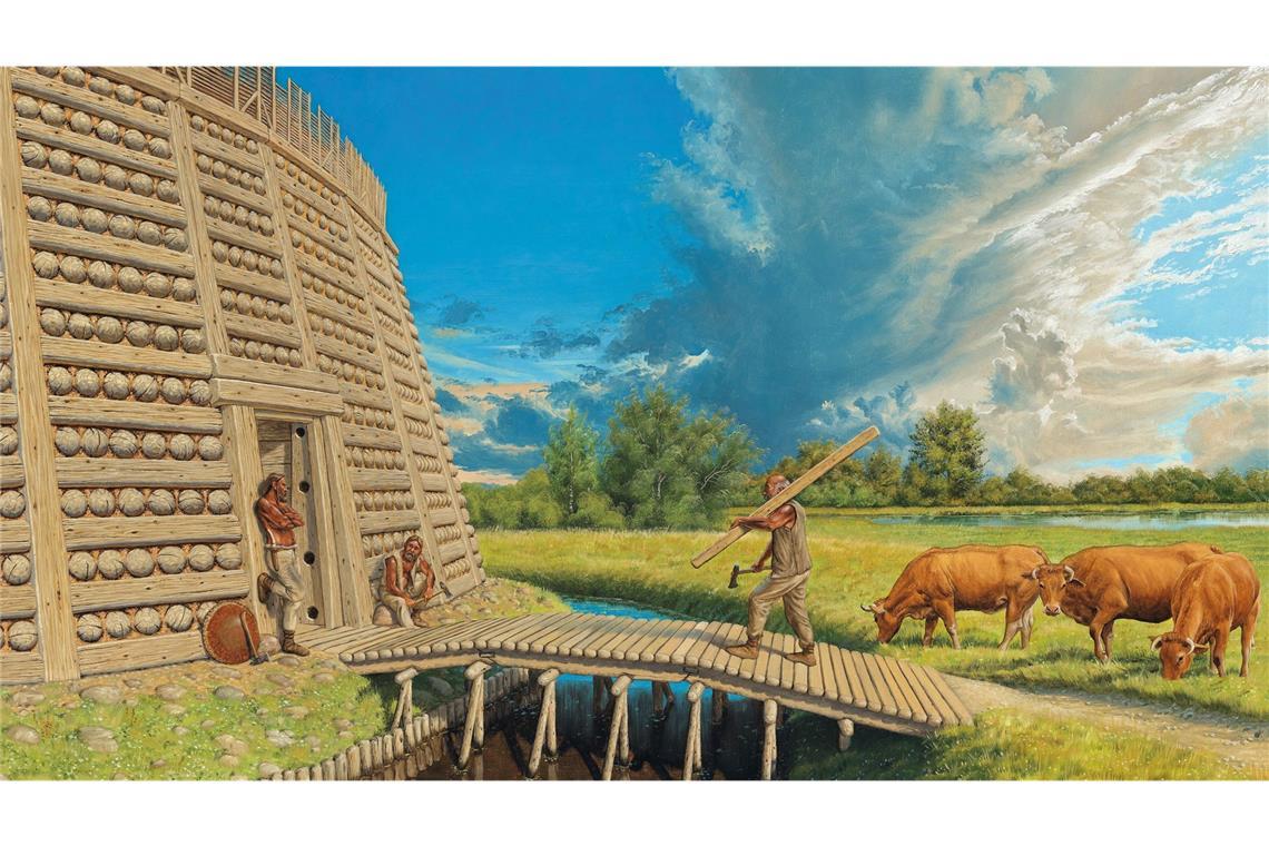 Rekonstruktion einer slawischen Rundburg des 9.-10. Jahrhunderts. Die offenen Dörfer der Einwanderergeneration wurden östlich der Elbe aufgrund des fränkisch-sächsischen Eroberungsdrucks ab dem 8. Jahrhundert zugunsten befestigter Anlagen aufgegeben.