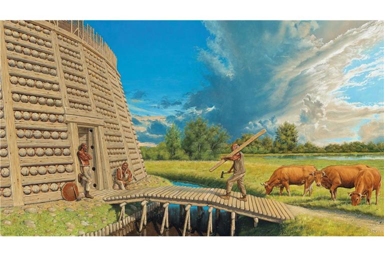 Rekonstruktion einer slawischen Rundburg des 9.-10. Jahrhunderts. Die offenen Dörfer der Einwanderergeneration wurden östlich der Elbe aufgrund des fränkisch-sächsischen Eroberungsdrucks ab dem 8. Jahrhundert zugunsten befestigter Anlagen aufgegeben.