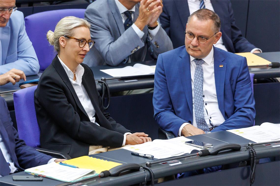 Repräsentanten der Unzufriedenheit: die AfD-Chefs Alice Weidel und Tino Chrupalla.Repräsentanten der Unzufriedenheit: die AfD-Chefs Alice Weidel und Tino Chrupalla.