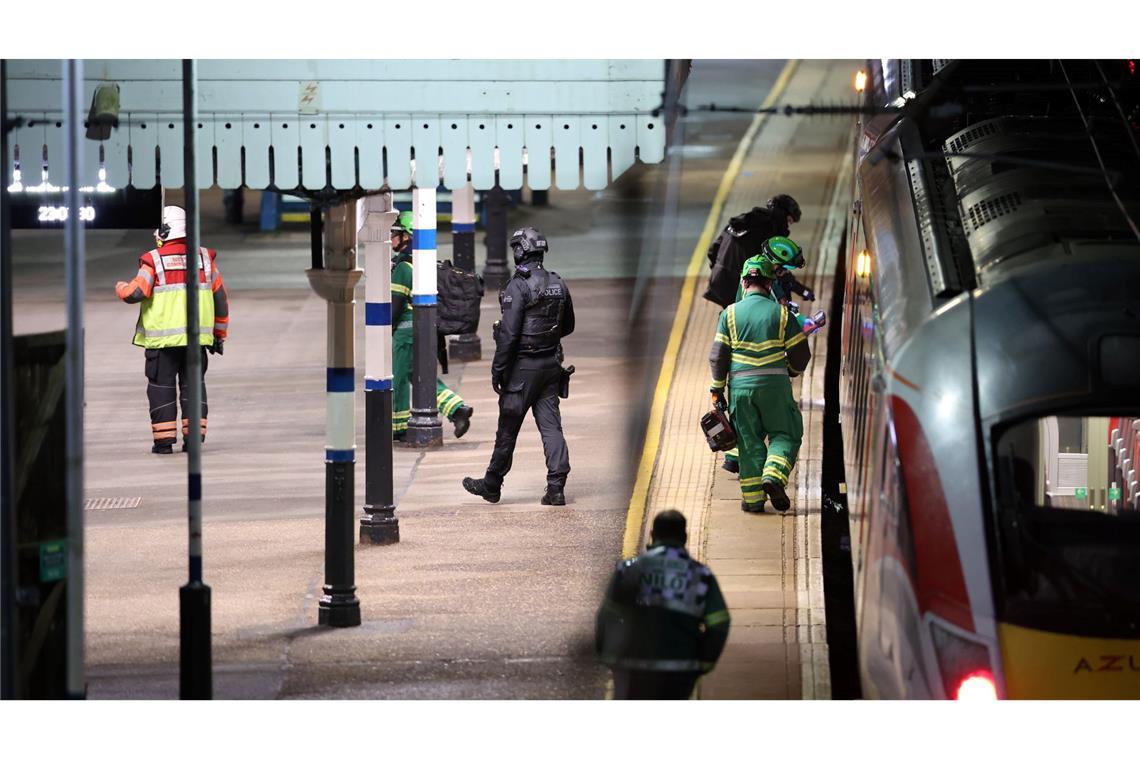 Bilder des Tages Rettungskräfte arbeiten auf dem Bahnsteig des Bahnhofs Huntingdon in England, nachdem mehrere Personen niedergestochen worden waren.