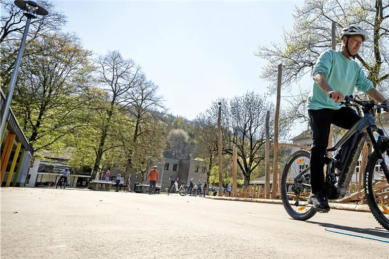 Rüdiger Sixt aus Sulzbach an der Murr schafft den Parcours auf dem Schulgelände der Walterichschule mit seinem E-Mountainbike spielend. Fotos: Alexander Becher
