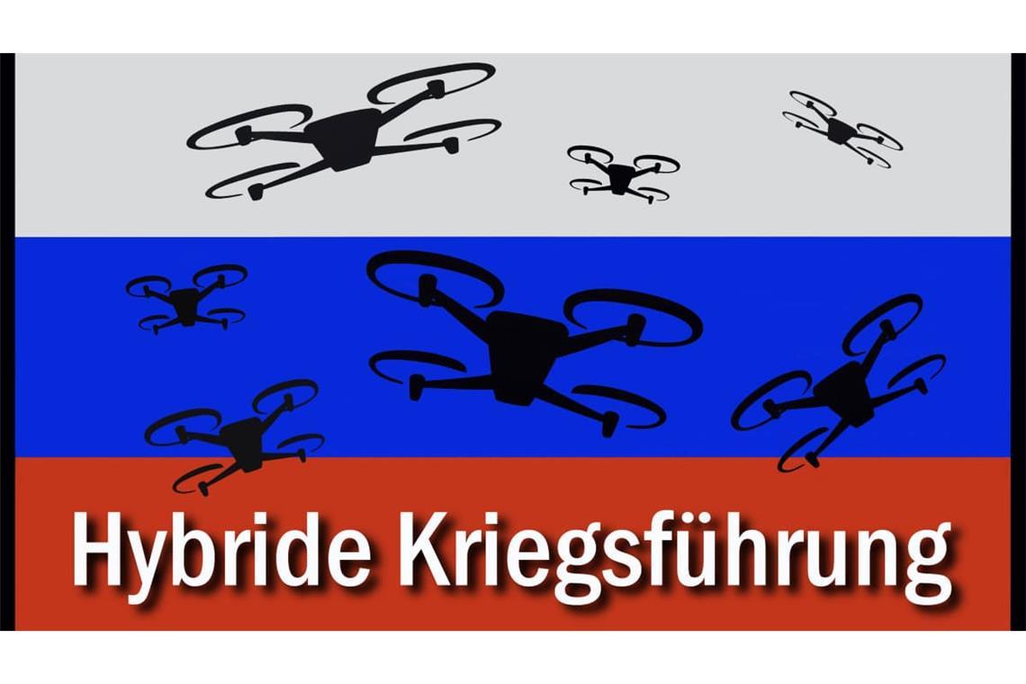 Russlandfahne und stilisierte Drohnen mit dem Schriftzug hybride Kriegsführung (Fotomontage). 
