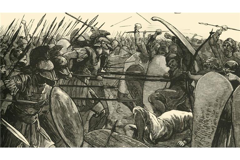 Schlacht bei Plataiai, 479 v. Chr.: Die grichische Phalanx siegt gegen die zahlreicheren, aber lecihter bewaffneten Perser.