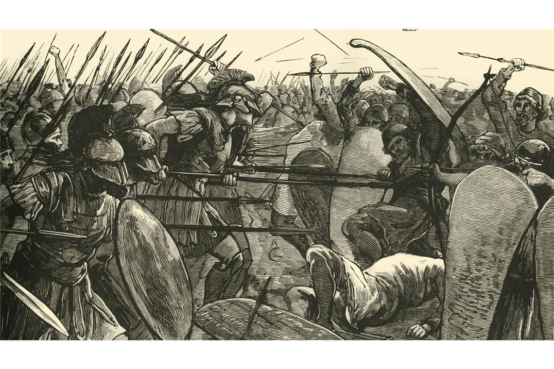 Schlacht bei Plataiai, 479 v. Chr.: Die griechische Phalanx siegt gegen die zahlreicheren, aber leichter bewaffneten Perser.