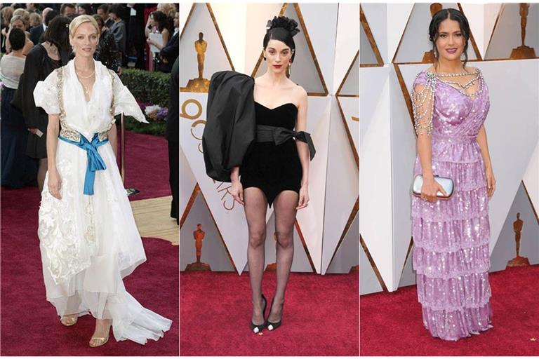 Schrecklichkeiten aus zwei Oscar-Jahrzehnten (von links): Uma Thurman 2004,  St. Vincent 2018 und Salma Hayek, ebenfalls 2018.