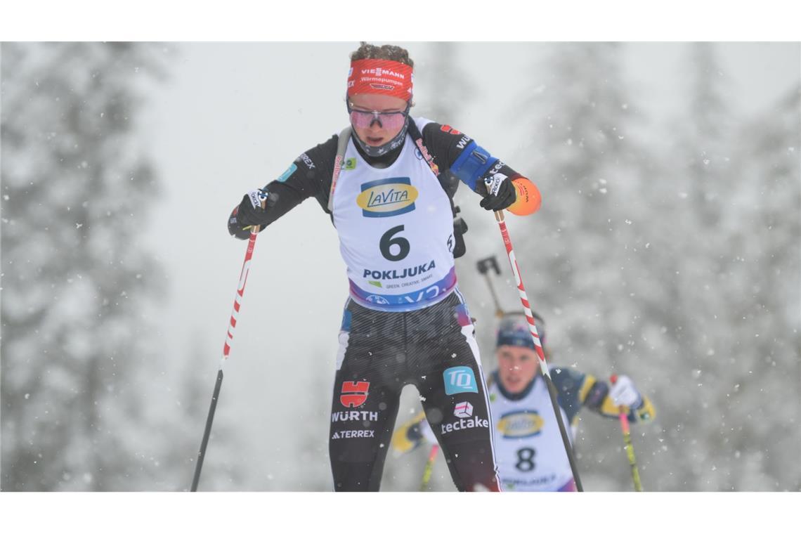 Deutsche Mixedstaffel auf der Pokljuka Sechste Selina Grotian und Justus Strelow schaffen es im Single-Mixed nicht auf das Podest.