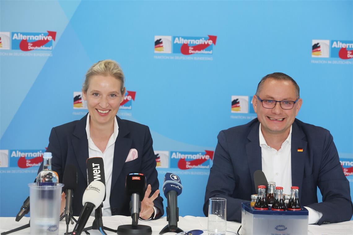 Sie haben gut Grinsen – die AfD erlebt eine Sonderkonjunktur: die Parteivorsitzenden Alice Weidel und Tino Chrupalla.