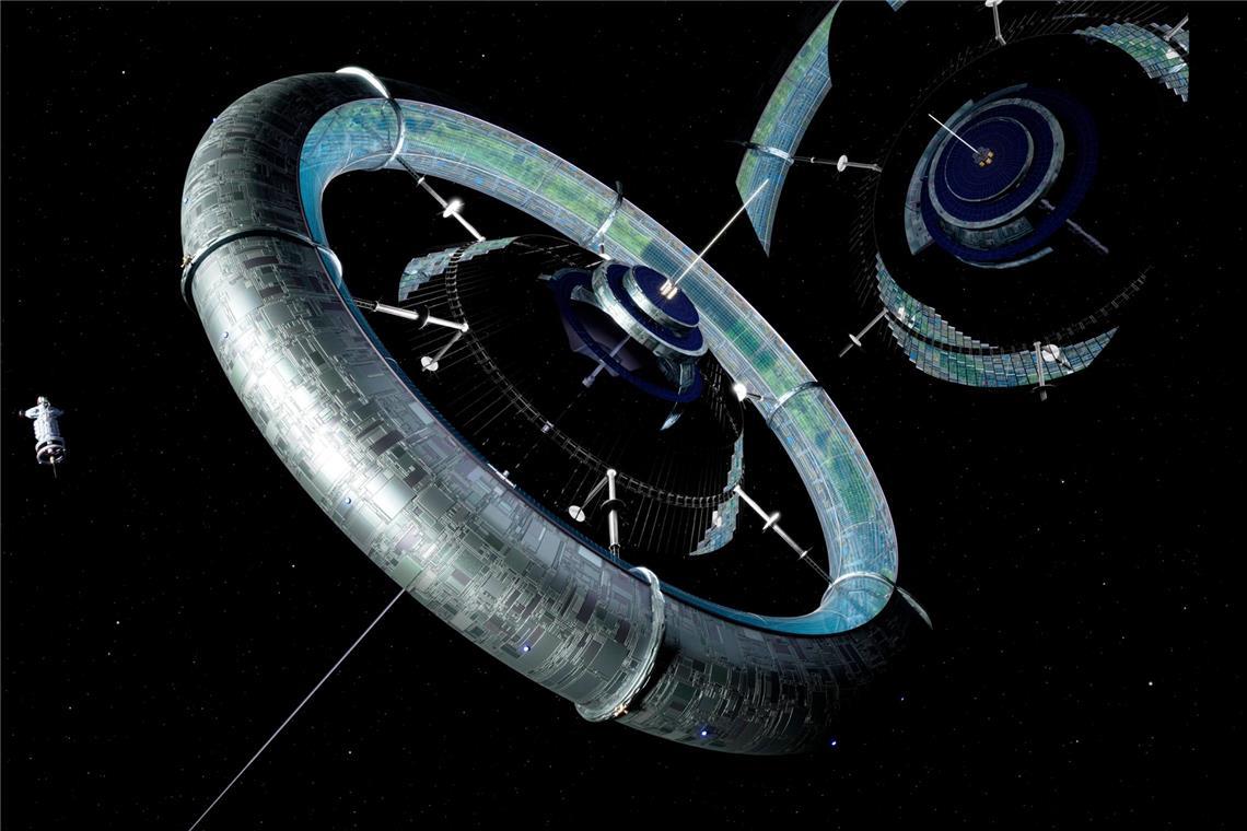 Können Menschen außerhalb der Erde leben? Sieht so die Zukunft des Homo sapiens aus? Künstlerische Darstellung eines Stanford-Torus, einem planetarischen Weltraumhabitats.