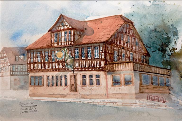So hat die Murrhardter Malerin Trude Schüle (1929 bis 2016) die Sonne-Post als Aquarell festgehalten. Dort führte einst Mathilde Bofinger als Wirtin Regie. In Murrhardt gab es zwei weitere selbstbewusste Mathilden, die als frühe Dienstleisterinnen in Gasthäusern ihre Frau standen. Im Hintergrund auch vieler (groß-)bürgerlicher Haushalte wirbelte eine große Schar an Dienstmädchen, die alles am Laufen hielten. Archivfoto: J. Fiedler