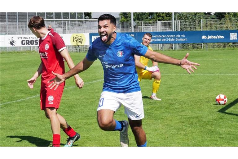 So jubelt Sangar Aziz nach einem Torerfolg –&nbsp; hier eine Szene aus dem Vorjahr, als er noch für Calcio Leinfelden-Echterdingen spielte.