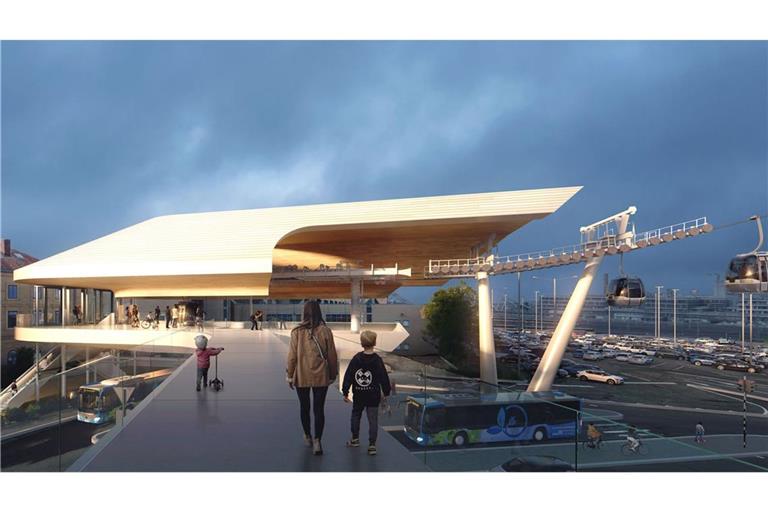 So könnte eine Seilbahnstation zwischen Experimenta-Parkhaus und Hauptbahnhof aussehen.