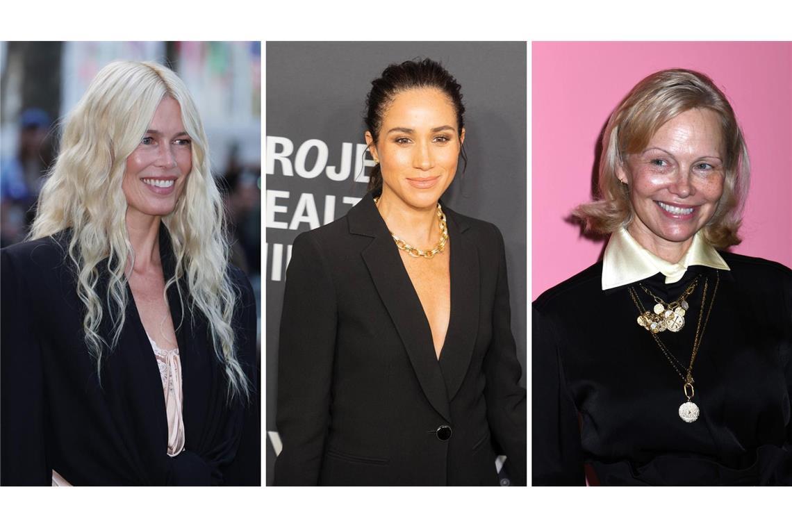 So natürlich und ungeschminkt aussehen wie möglich (von links): Claudia Schiffer, Herzogin Meghan und Pamela Anderson.