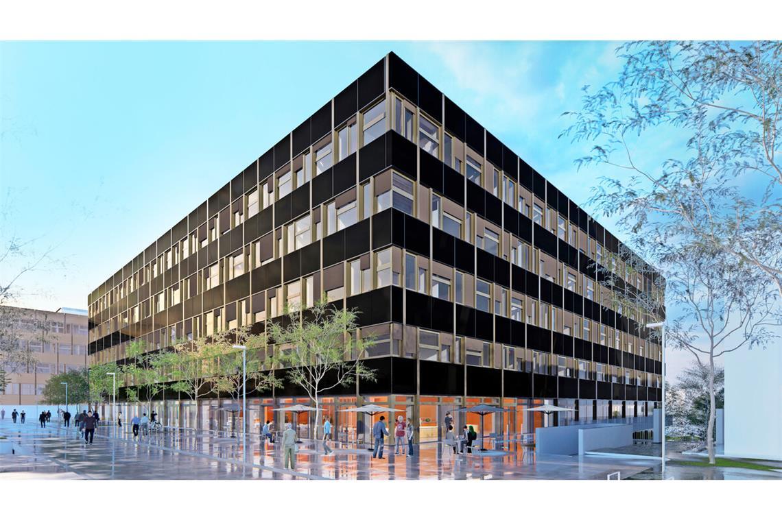 So soll  der Neubau für den Fachbereich Physik aussehen: Zentralgebäude mit Außenbereich der Cafeteria.