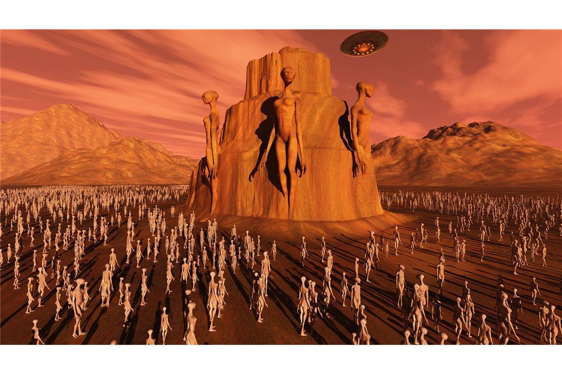 So stellen sich Space Artists den Mars Mars vor: Mars-Bewohner huldigen ihren Gründervätern.