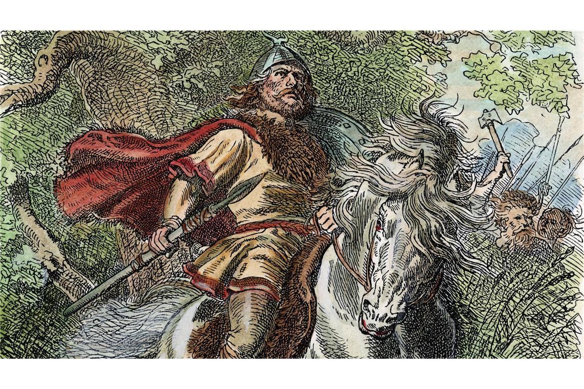 So stellten sich Historienmaler in 19. Jahrhundert den Germanenfürst Arminius hoch zu Ross während der Varusschlacht 9. n. Chr. vor.