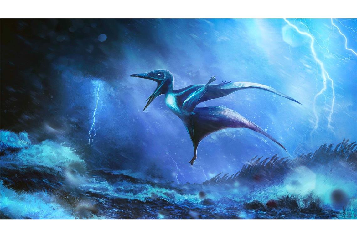 Tod im Sturm - Endeten bayerische Baby-Flugsaurier tragisch? Starke Windböe brechen die zarten Knochen: Künstlerische Darstellung eines kleinen Pterodactylus-Babys in einem Tropengewitter.
