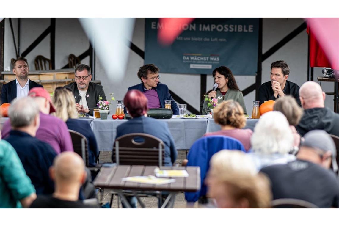 Steffen Krach (SPD,r-l), Spitzenkandidat der Abgeordnetenhauswahl, Elif Eralp (Linke), Spitzenkandidatin der Abgeordnetenhauswahl, Robert Ide, Journalist, Werner Graf (Grüne), Spitzenkandidat der Abgeordnetenhauswahl, und Danny Freymark (CDU, l), Mitglied des Abgeordnetenhaus, nehmen am politischen Frühschoppen zur Zukunft der Kleingärten in der Kleingartenanlage Bornholm teil.