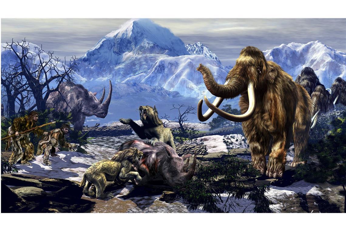 Wie die frühen Menschen die Tierwelt beeinflussten Steinzeitliche Diorama: Zwei Neandertaler mit Höhlenlöwen, Wollnasshorn und Mammuts.