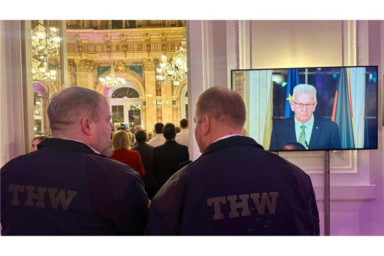 Stille Schaffer: Vertreter des Technischen Hilfswerks beim Neujahrsempfang von Ministerpräsident Winfried Kretschmann im Neuen Schloss.