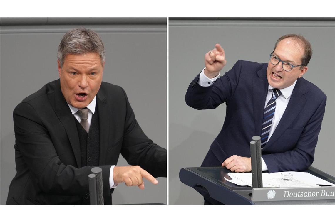 Alexander Dobrindt: AfD hat sich unter der Ampel verdoppelt Streiten miteinander: Robert Habeck (Grüne, links) und Alexander Dobrindt (CSU).