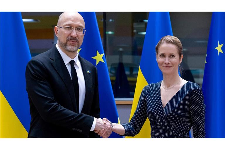 Symbolisch am Europatag reiste die EU-Außenbeauftragte Kaja Kallas (r) in Begleitung von Außenministern der EU-Staaten ins westukrainische Lwiw (Lemberg) unter anderem zu Gesprächen mit dem ukrainischen Regierungschef Denys Schmyhal (l) (Archivbild)