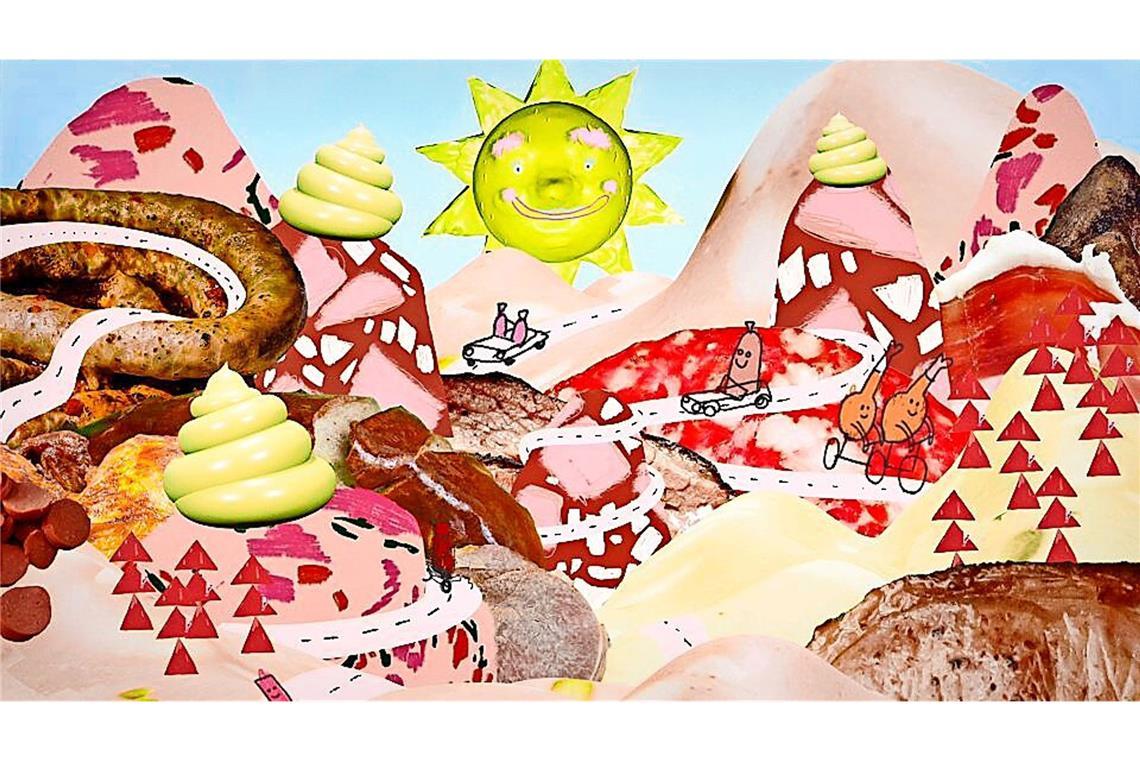 Würstchen unter der Senfsonne Szene aus dem sehr bunten Video „Fleisch is Hot“