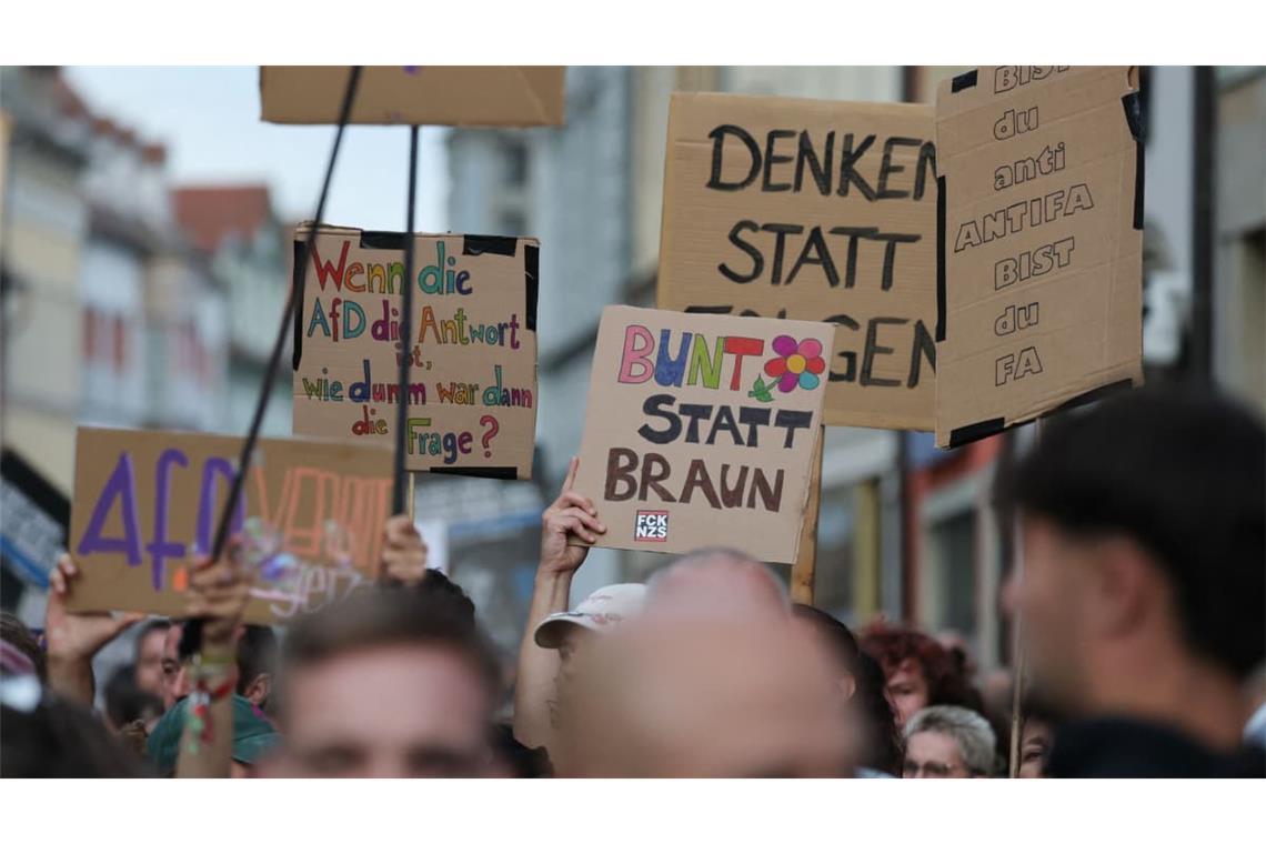 Teilnehmer einer Gegendemonstration am Rande einer AfD-Wahlkampfveranstaltung.
