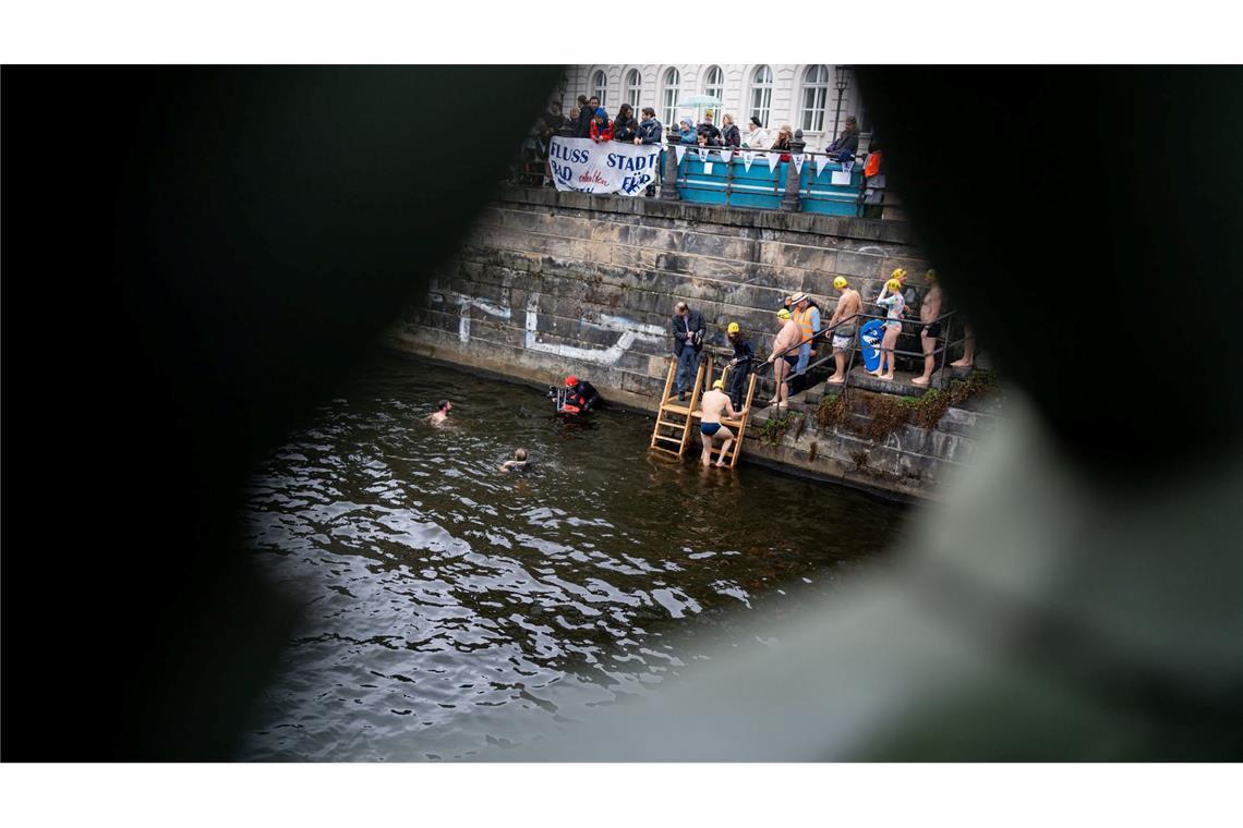 Teilnehmer steigen bei der Schwimmdemonstration gegen das Badeverbot in der Spree in Berlin ins Wasser.