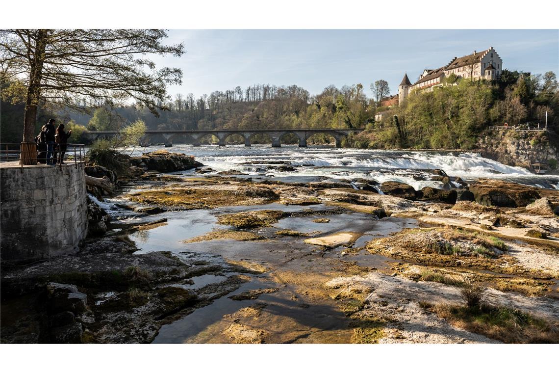 Trockenheit: Normalerweise beeindruckt der Rheinfall bei Schaffhausen in der Schweiz mit tobenden Wassermassen. Jetzt liegen hier die Steine trocken, weil es seit Wochen nur ganz wenig geregnet hat.