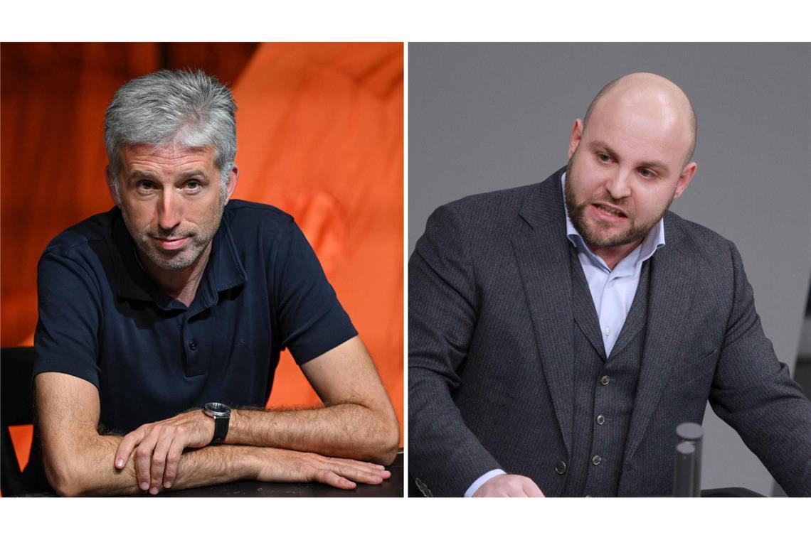 Zwei Frauen und ein Mann gehen gerichtlich gegen Palmer-AfD-Streitgespräch vor Tübingens OB Boris Palmer (li.) diskutiert am 5. September in einem Streitgespräch mit AfD-Landeschef Markus Frohnmaier.