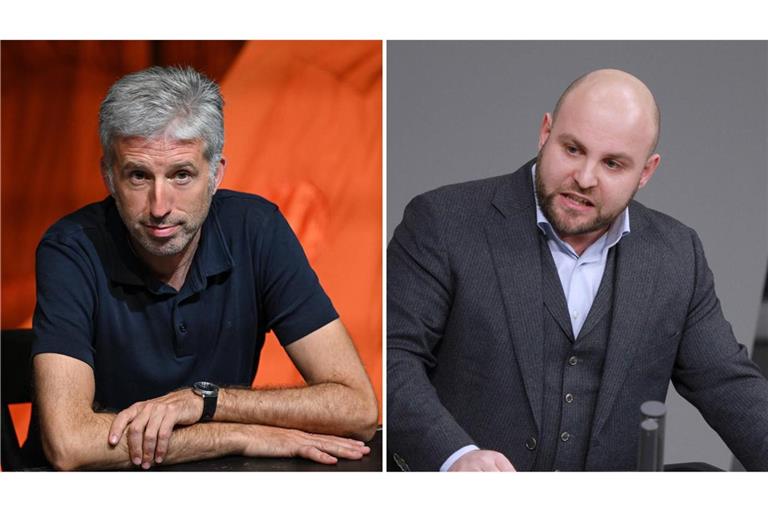 Tübingens OB Boris Palmer (li.) diskutiert am 5. September in einem Streitgespräch mit AfD-Landeschef Markus Frohnmaier.