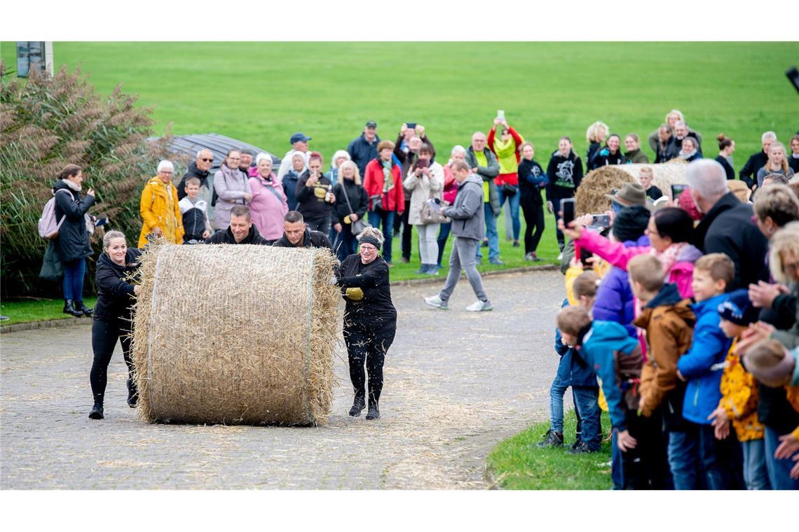 Und Action: Das Team "Die Strohstürmer" rollt bei der Strohballen-Rollmeisterschaft einen Strohballen den Deich hinauf.