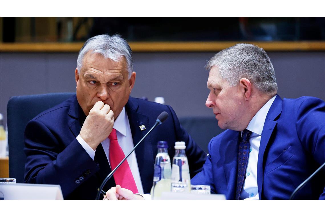 Ungarns Ministerpräsident Viktor Orban (l) und der slowakische Ministerpräsident Robert Fico blockierten gemeinsam die neuen EU-Sanktionen gegen Russland. (Archivbild)