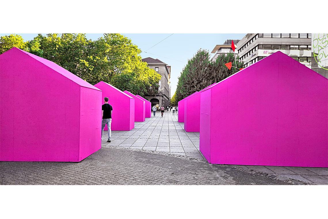Pinke Häuser am Stuttgarter Schlossplatz Ungewohntes Bild auf der Königstraße: Zwölf knallbunte Minihäuser versperren den Weg.