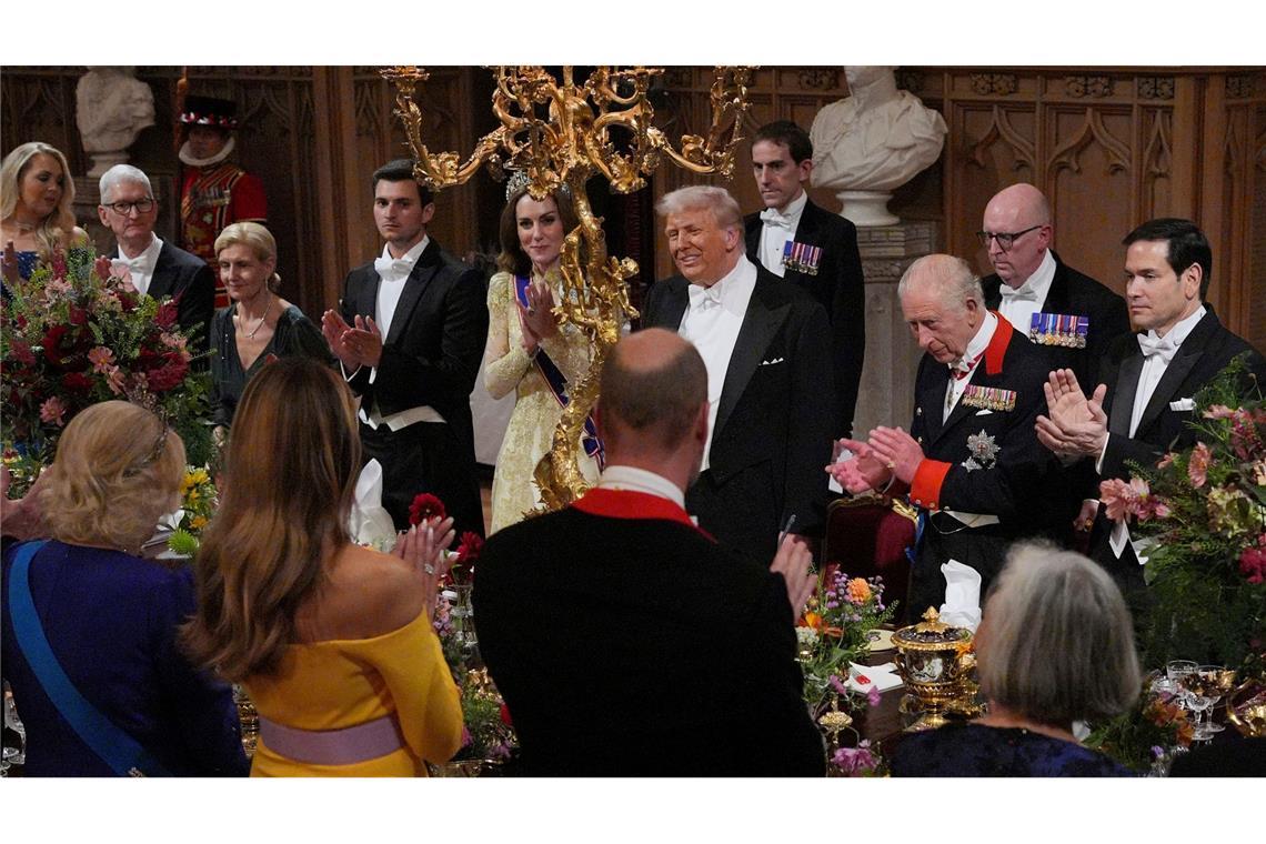 US-Präsident Donald Trump, der britische König Charles, Kate, Prinzessin von Wales, US-Außenminister Marco Rubio und Gäste nehmen am ersten Tag des zweiten Staatsbesuchs von US-Präsident Trump im Vereinigten Königreich am Staatsbankett in Schloss Windsor teil.